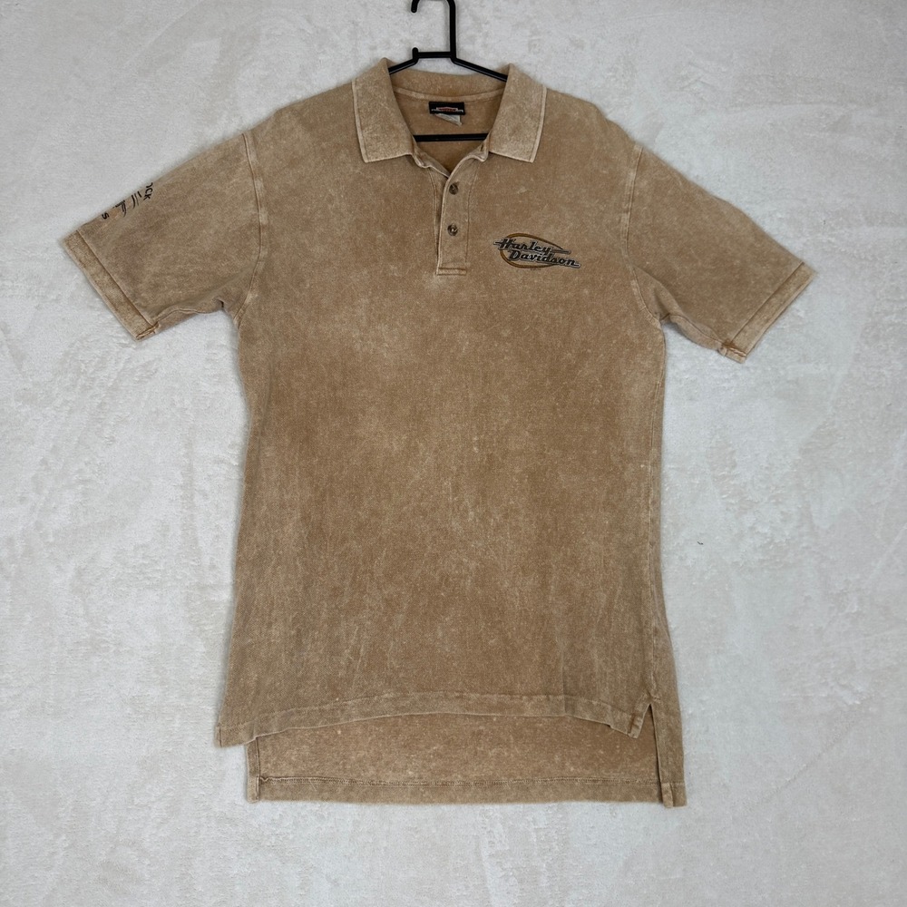 Vintage Harley Davidson Polo Shirt Woodstock Illinois Distressed Tan Tee Y2K Med